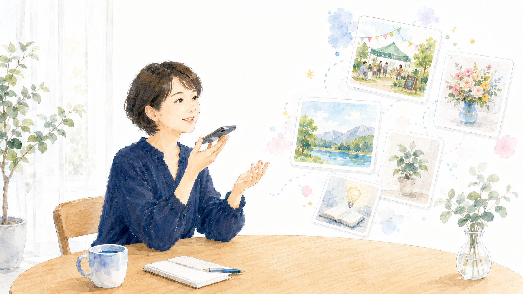 スマホで話しながらAI画像のたたき台を作るイメージ